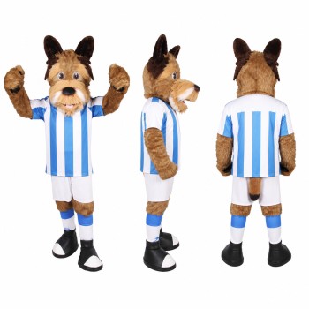 Dog Soccer Player Mascot Costume in Brown with Blue Stripes Adult