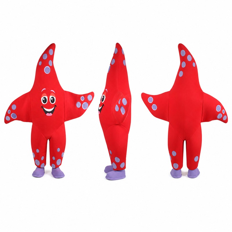 Starfish Mascot Costume in Red with Blue Spots Adult