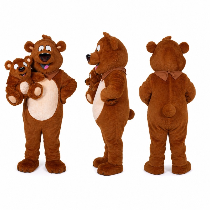 Bear Mascot Costume in Brown Holding a Plush Toy Adult