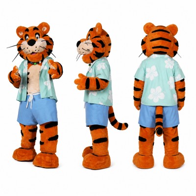 Tiger Mascot Costume in Orange with Denim Vacation Outfit Adult