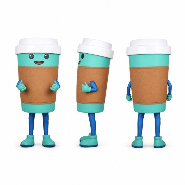 Coffee Cup Mascot Costume in Brown and Teal Adult