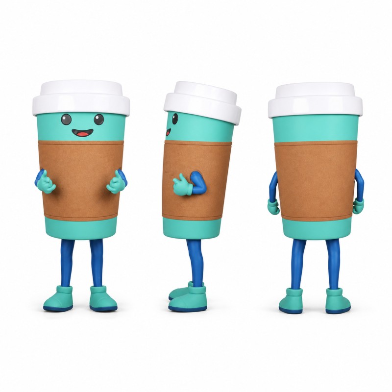 Coffee Cup Mascot Costume in Brown and Teal Adult