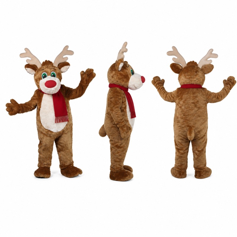 Reindeer Mascot Costume in Brown with Red Scarf Adult
