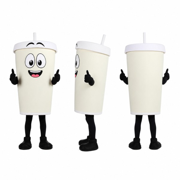 Drink Cup Mascot Costume in White with Black Gloves Adult