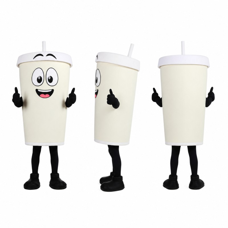 Drink Cup Mascot Costume in White with Black Gloves Adult