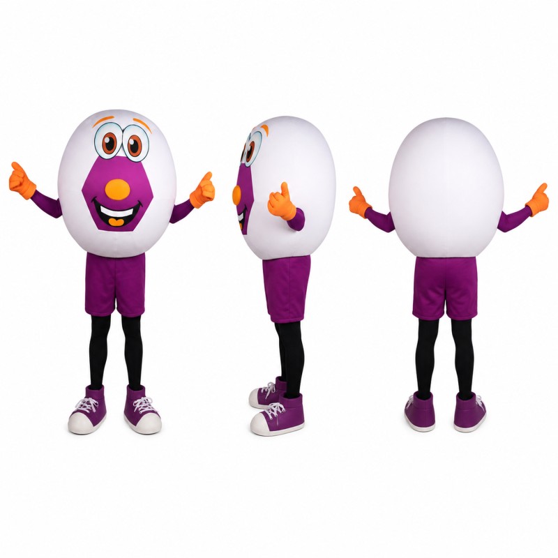 Egg Character Mascot Costume in White with Purple Shorts Adult