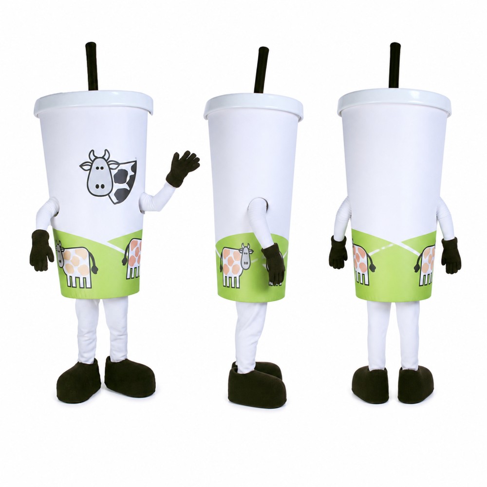 Drink Cup Mascot Costume in White with Printed Green Band Adult