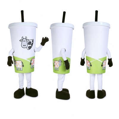 Drink Cup Mascot Costume in White with Printed Green Band Adult