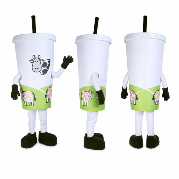 Drink Cup Mascot Costume in White with Printed Green Band Adult