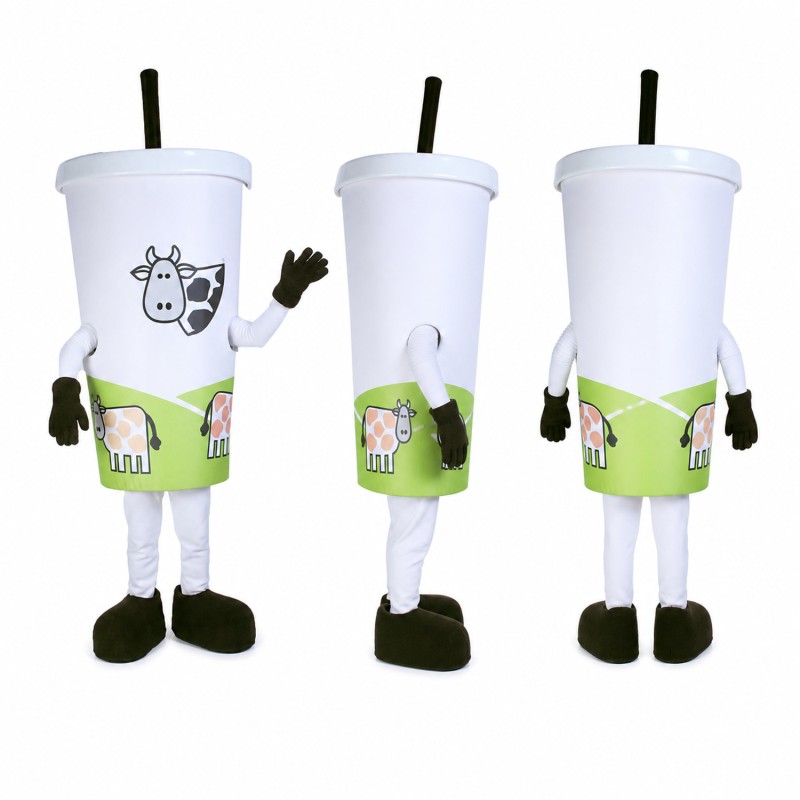 Drink Cup Mascot Costume in White with Printed Green Band Adult