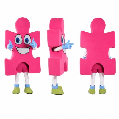 Puzzle Piece Mascot Costume in Pink with Blue Accents Adult