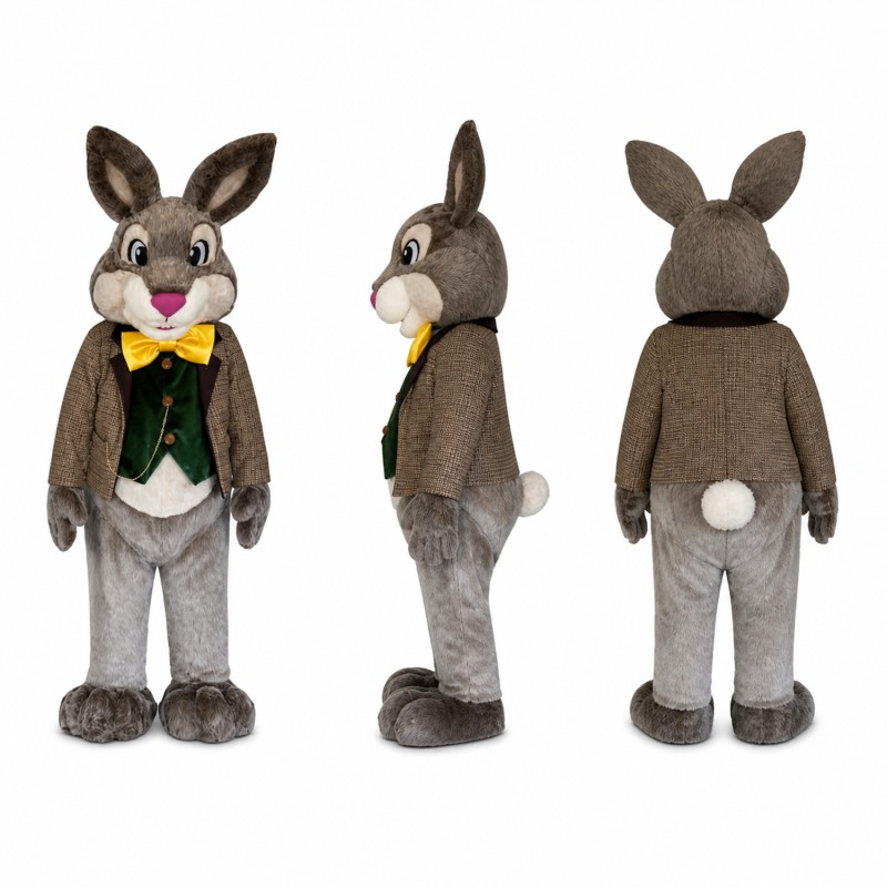 Rabbit Mascot Costume in Gray with Green Vest Adult