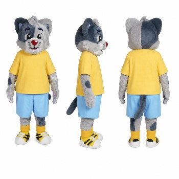 Cat Mascot Costume in Gray with Yellow Shirt Adult