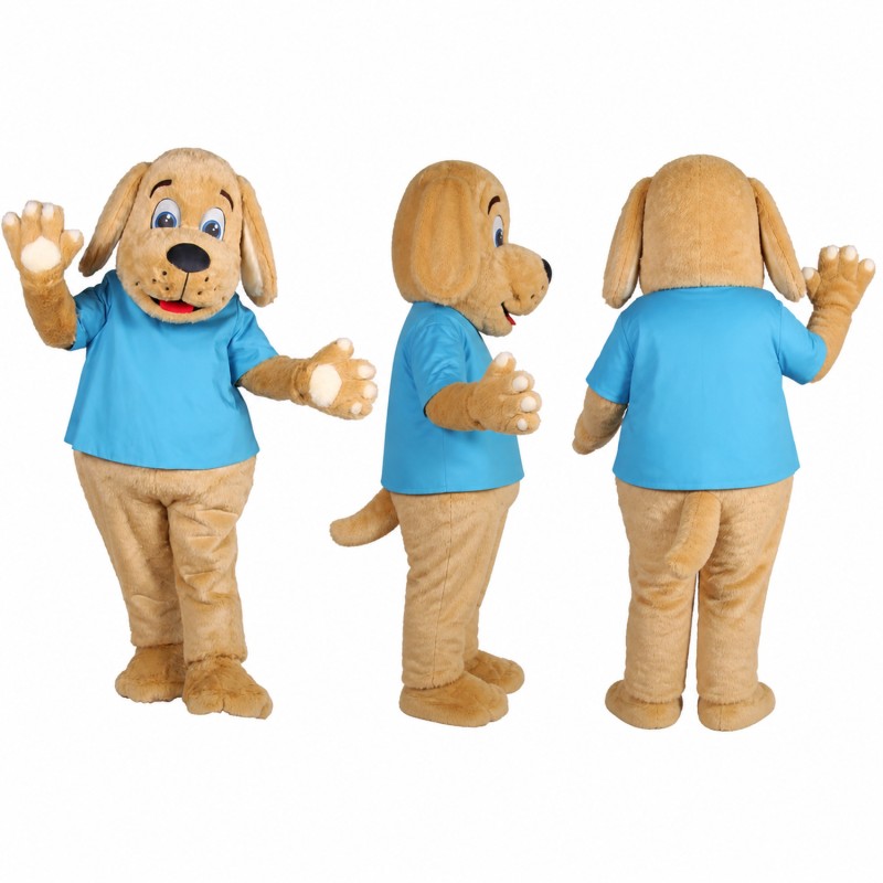 Dog Mascot Costume in Tan with Blue Shirt Adult
