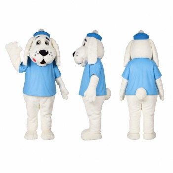 Spotted Dog Mascot Costume in White with Light Blue Shirt Adult