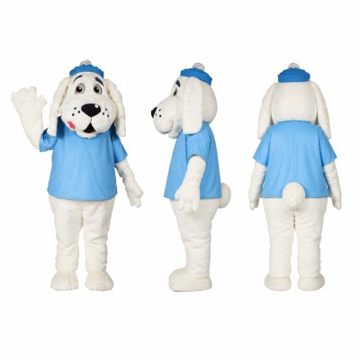 Spotted Dog Mascot Costume in White with Light Blue Shirt Adult