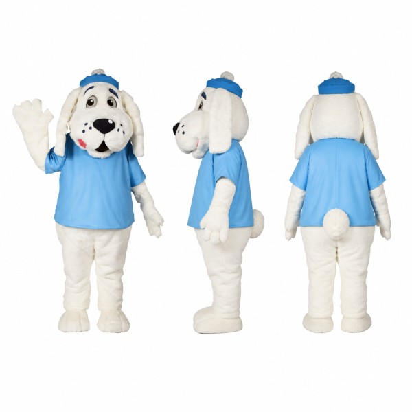 Spotted Dog Mascot Costume in White with Light Blue Shirt Adult
