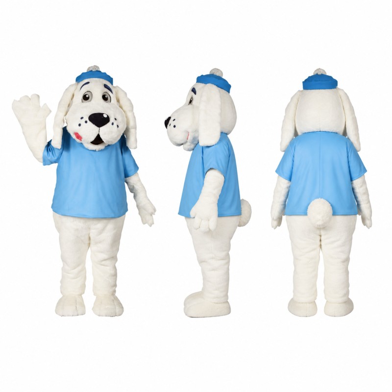 Spotted Dog Mascot Costume in White with Light Blue Shirt Adult