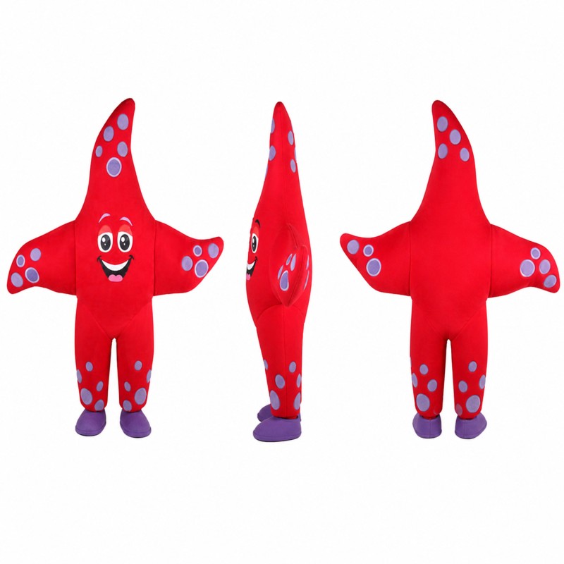Starfish Mascot Costume in Red with Blue Spots Adult