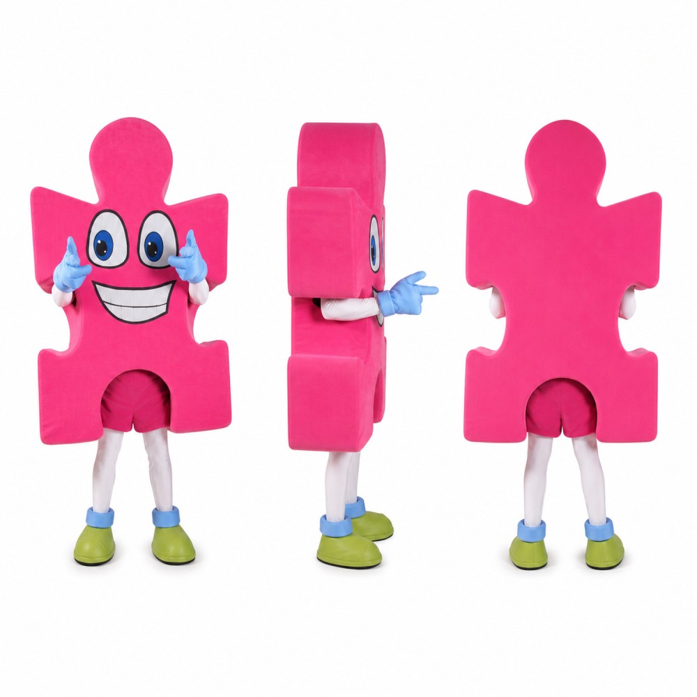 Puzzle Piece Mascot Costume in Pink with Blue Accents Adult Puzzle Piece Mascot Costume in Pink with Blue Accents Adult