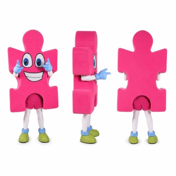 Puzzle Piece Mascot Costume in Pink with Blue Accents Adult