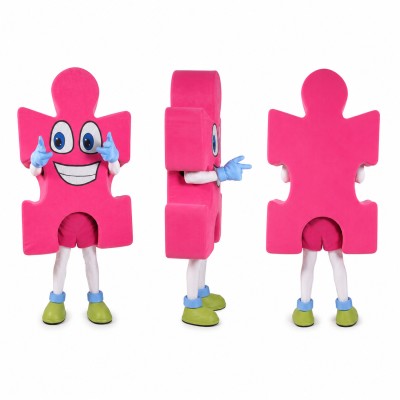 Puzzle Piece Mascot Costume in Pink with Blue Accents Adult