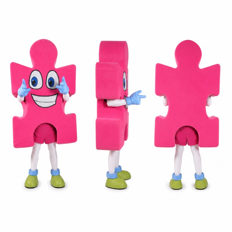 Puzzle Piece Mascot Costume in Pink with Blue Accents Adult