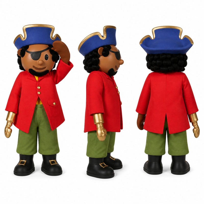 Pirate Boy Mascot Costume in Red Coat with Blue Hat Adult