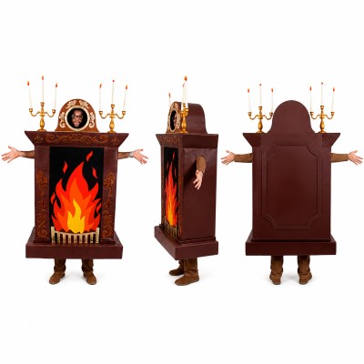Fireplace Mascot Costume in Brown with Bright Orange Flames Adult