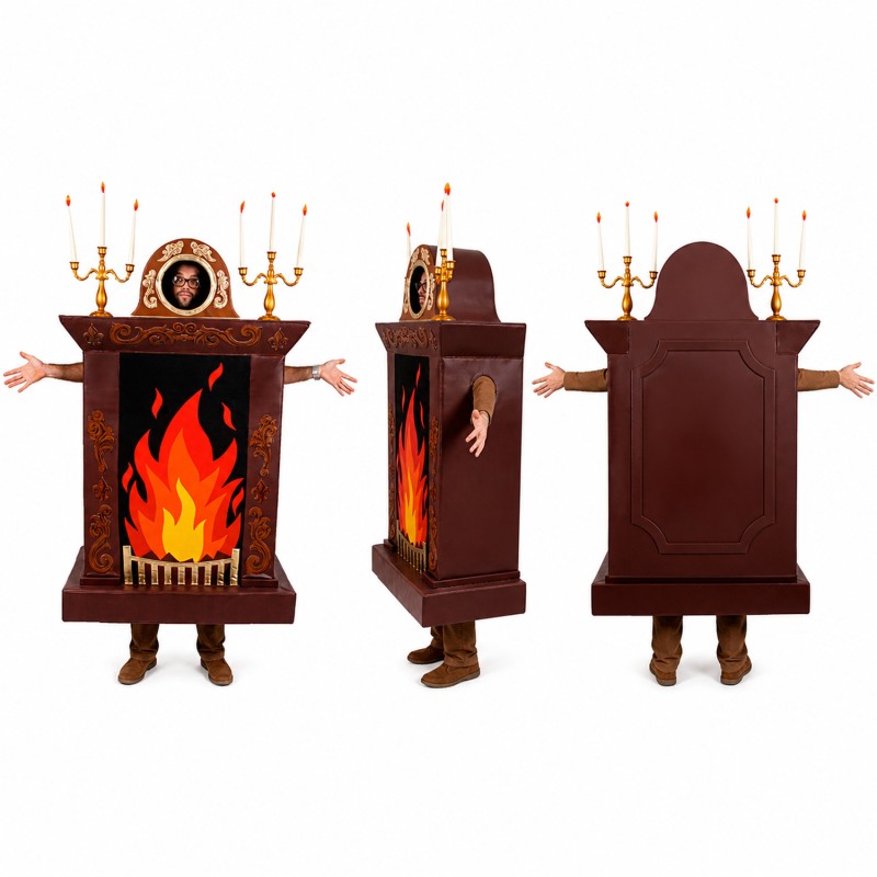 Fireplace Mascot Costume in Brown with Bright Orange Flames Adult