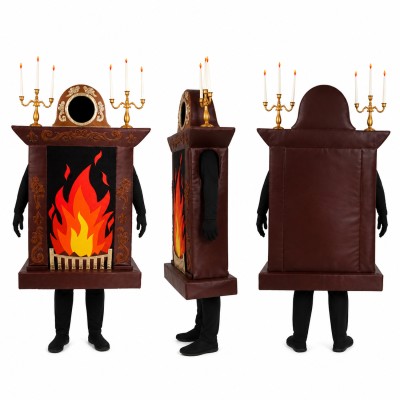 Fireplace Mascot Costume in Brown with Bright Orange Flames Adult