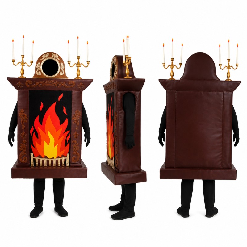 Fireplace Mascot Costume in Brown with Bright Orange Flames Adult