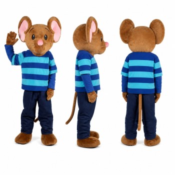 Mouse Mascot Costume in Brown with Blue Striped Sweater Adult