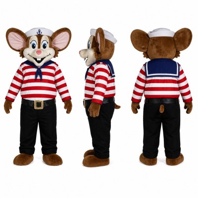 Sailor Mouse Mascot Costume in Brown with Red Striped Shirt Adult