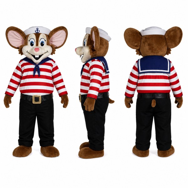 Sailor Mouse Mascot Costume in Brown with Red Striped Shirt Adult