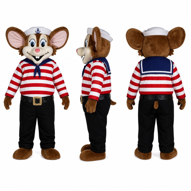 Sailor Mouse Mascot Costume in Brown with Red Striped Shirt Adult