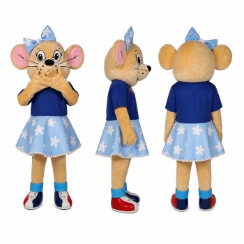 Female Mouse Mascot Costume in Tan with Blue Star Dress Adult