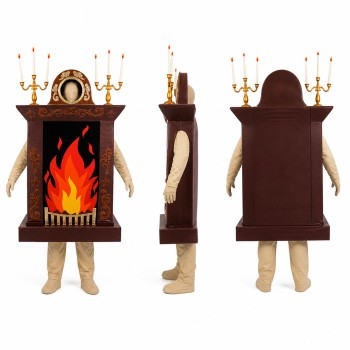 Fireplace Mascot Costume in Brown with Bright Orange Flames Adult