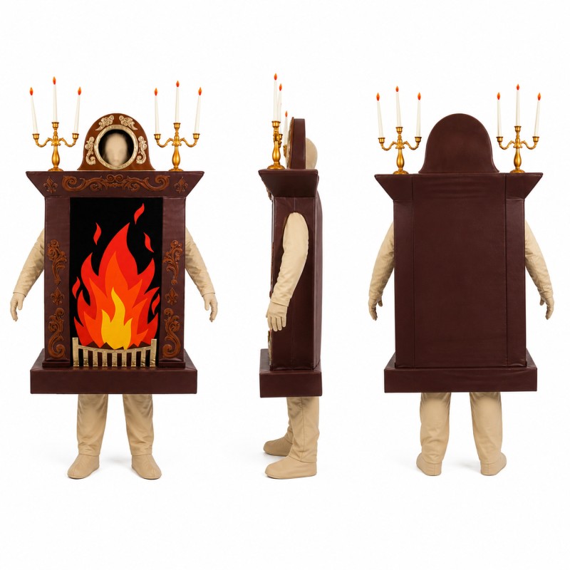 Fireplace Mascot Costume in Brown with Bright Orange Flames Adult