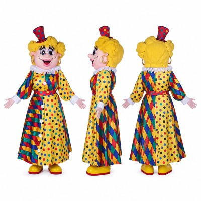 Female Clown Mascot Costume in Colorful Polka Dot Dress Adult