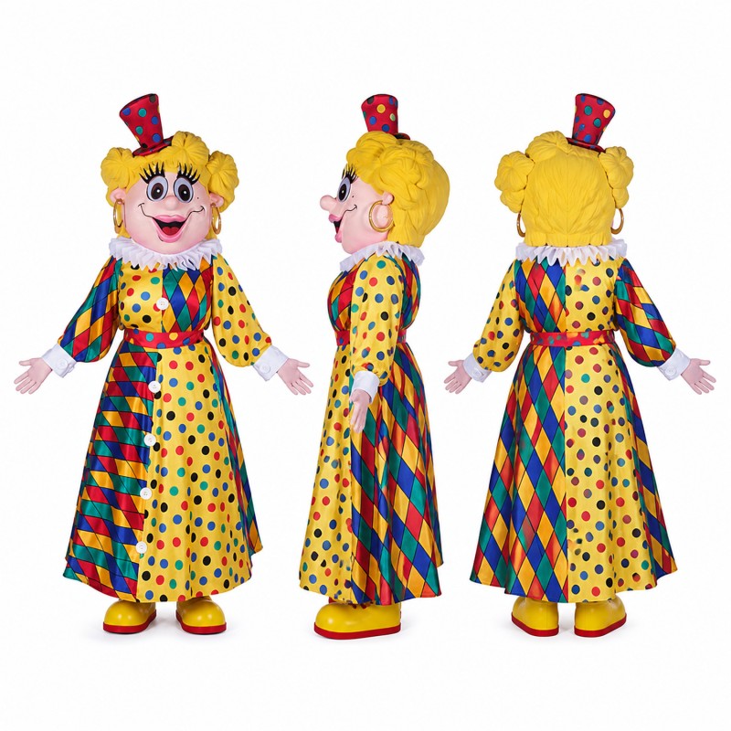 Female Clown Mascot Costume in Colorful Polka Dot Dress Adult