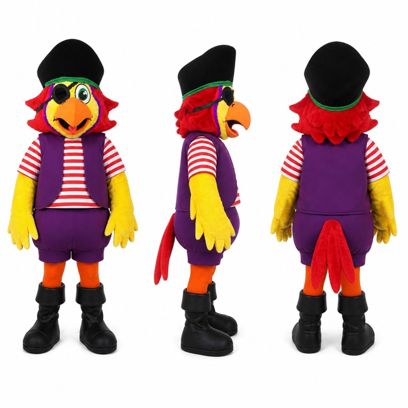 Pirate Parrot Mascot Costume with Black Hat and Striped Shirt Adult