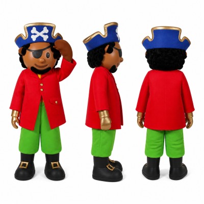 Pirate Boy Mascot Costume in Red Coat with Blue Hat Adult