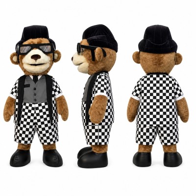 Gentleman Bear Mascot Costume in Black and White Checks Adult