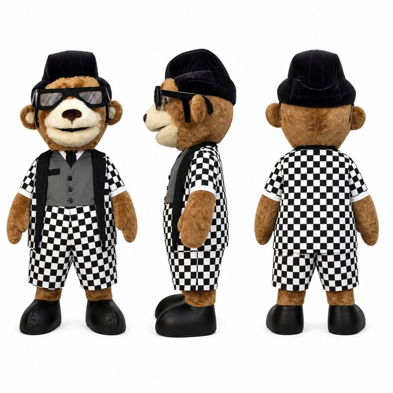 Gentleman Bear Mascot Costume in Black and White Checks Adult