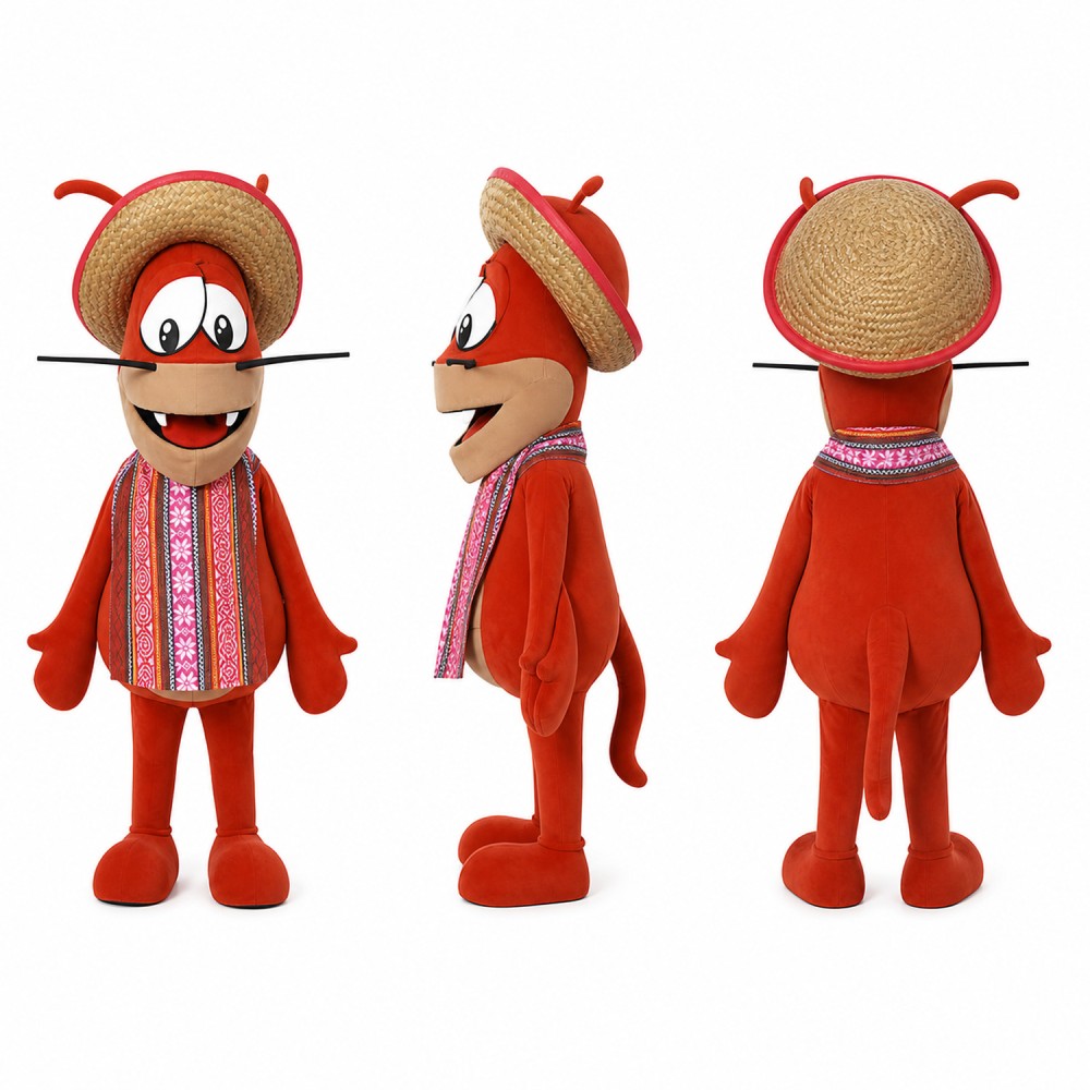 Farmer Mascot Costume in Red Poncho with Straw Hat Adult Farmer Mascot Costume in Red Poncho with Straw Hat Adult