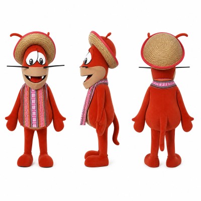 Farmer Mascot Costume in Red Poncho with Straw Hat Adult