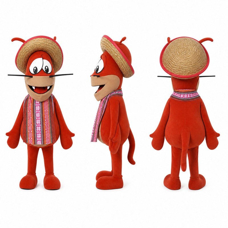 Farmer Mascot Costume in Red Poncho with Straw Hat Adult