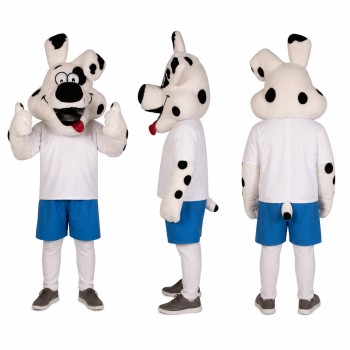 Spotted Dog Mascot Costume in White with Blue Shorts Adult