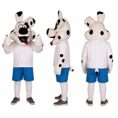 Spotted Dog Mascot Costume in White with Blue Shorts Adult